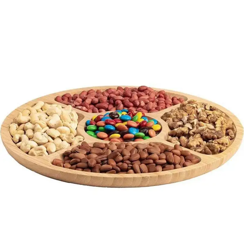 Wooden Divided Serving Trays Appetizer Tray 5 Dining Grids Snacks Bowls Round Serving Tray Dishes Perfect For Parties