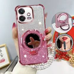 Glitter Shockproof Phone Case with Mirror Stand and Beaded Strap for Oppo A20 4G (Black)