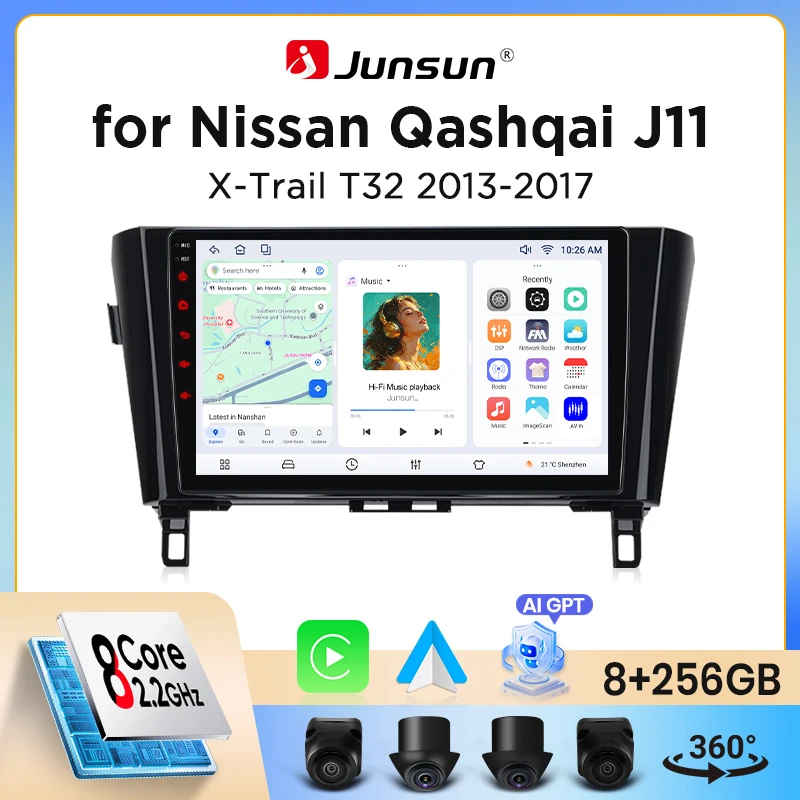Radio para coche Junsun con CarPlay inalámbrico y Android Auto para Nissan Qashqai (J11) / X-Trail (T32) 2013-2017, con ventilador de refrigeración integrado, navegación GPS Android, reproductor multimedia, WiFi, DSP, RDS, BT, SWC, pantalla táctil IPS, autorradio, reproductor de vídeo, unidad principal estéreo. 1