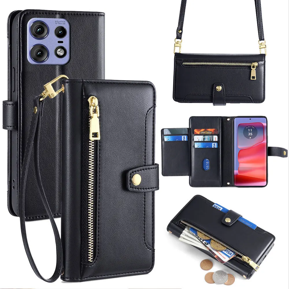 Luxury Leather Crossbody Zipper Flip Case with Multi-Card Storage and Lanyard Wallet Design