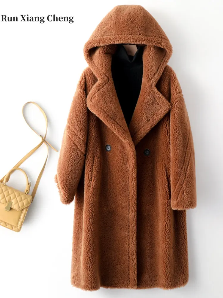 Women's Coat 2023 Winter New Oversize Plush Elegant Designer Outerwear Teddy Hooded Fur Integrated Luxury Lamb Fur Long Coat