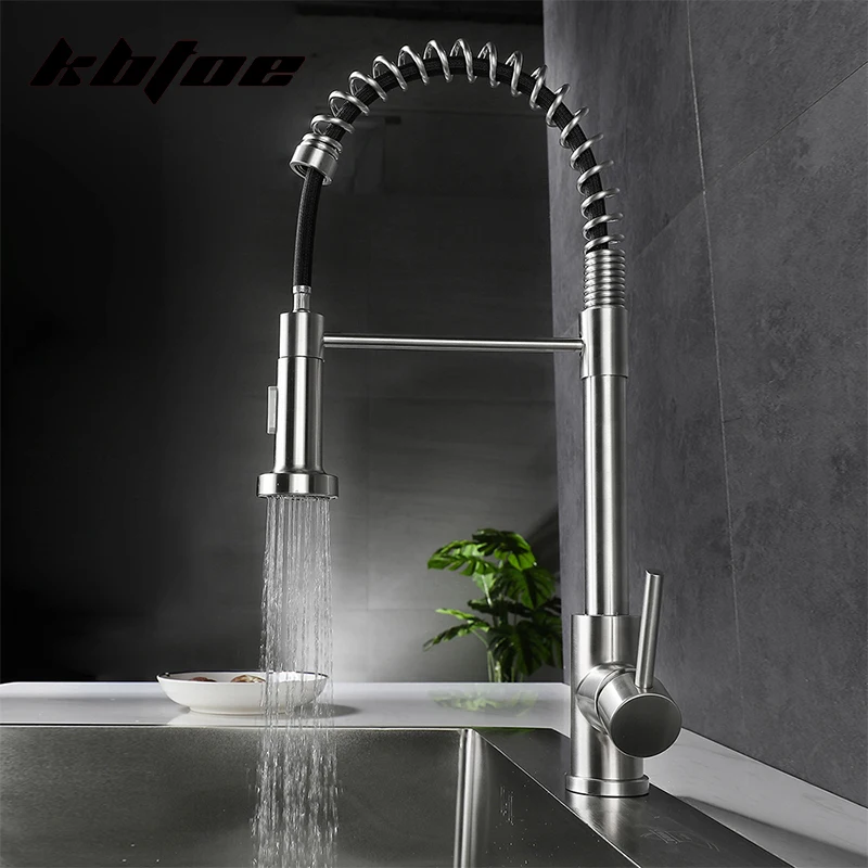 Kitchen Faucet Pull Out Spring Cold and Hot Water Sink Mixer Spray Tap Deck Mounted Stainless Steel Single Handle Torneira Crane