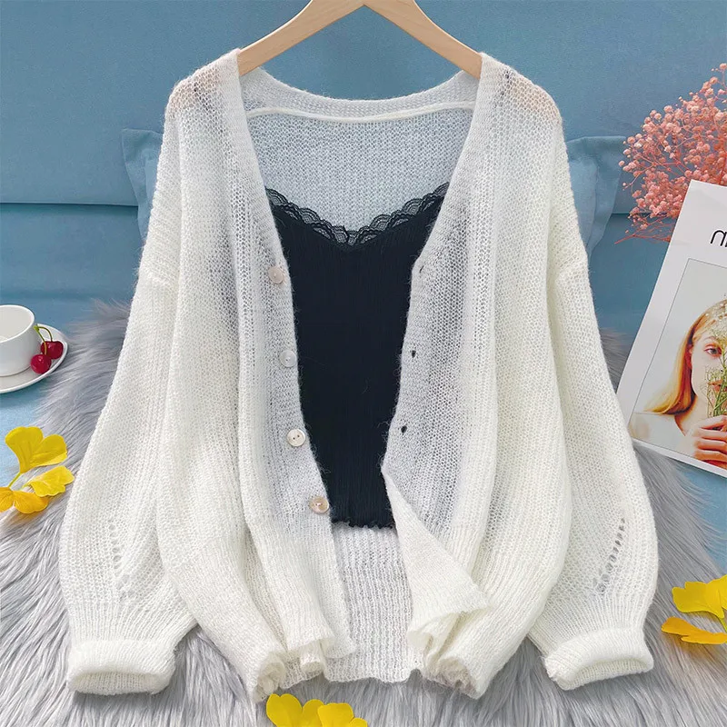 Green Mohair Knitted Cardigans Women Spring Autumn Single Breasted Thin Hollow Out Sweater Coats Gentle Elegant Soft Tops 3