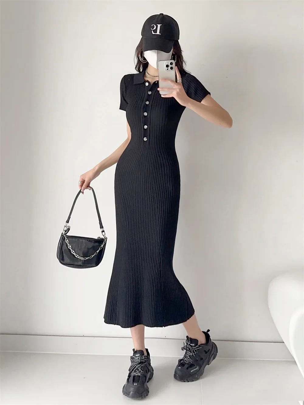 Ribbed High Waist Slim Maxi Dress For Women Knitwear Lapel Casual Elegant Party Dress Gown Fashion Short Sleeve Knit Dress