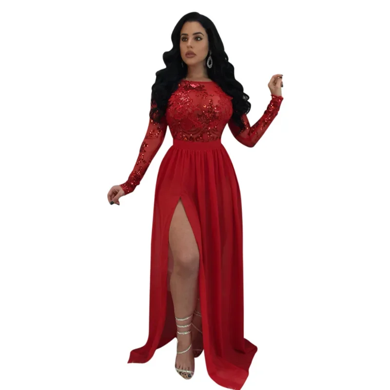 

Black Lace Sequins Mesh Patchwork Women Sexy Maxi Evening Party Dress