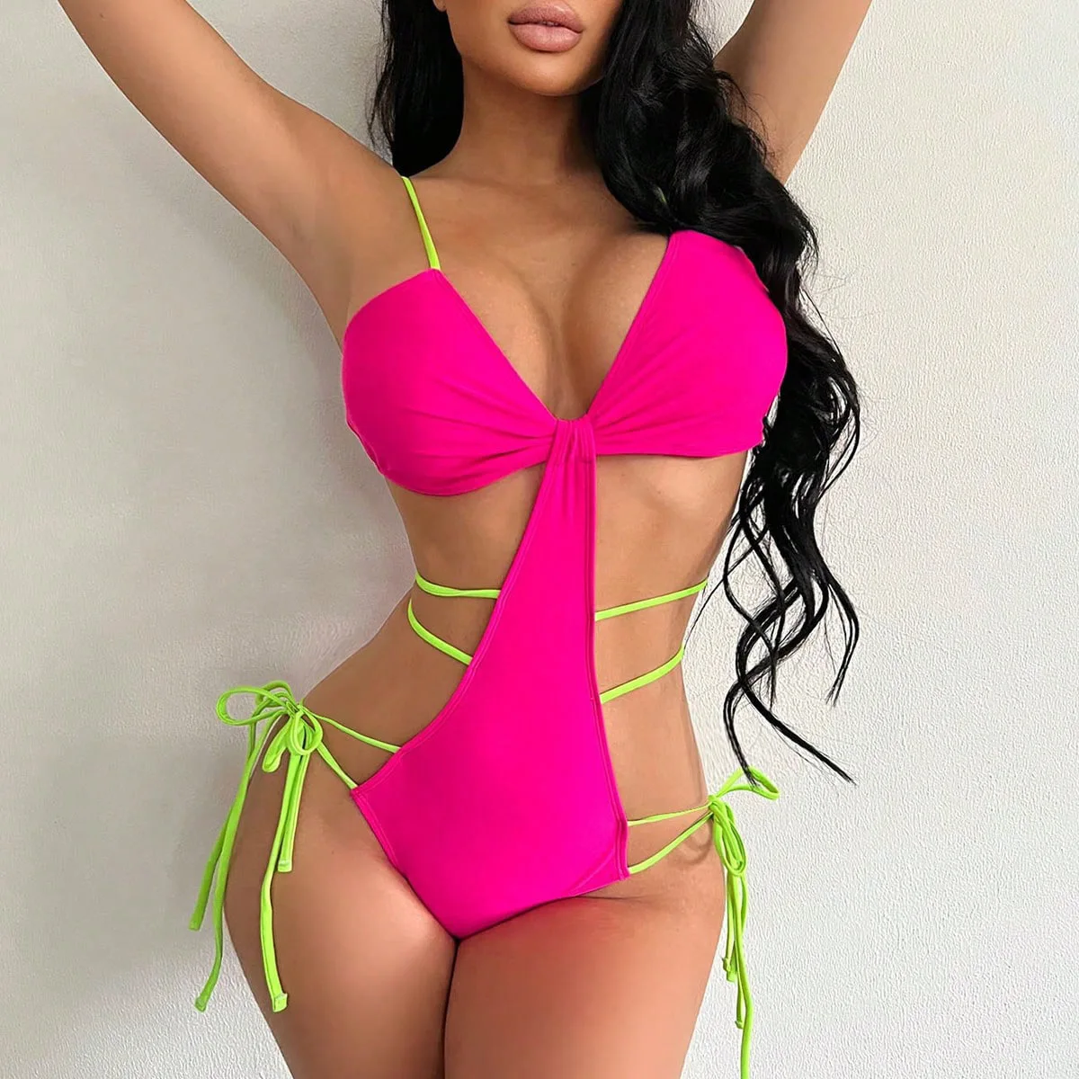 

Слитный купальник контрастных цветов, женские пикантные боди на шнуровке с открытой спиной, новый пляжный купальный костюм, одежда для плавания, 2023