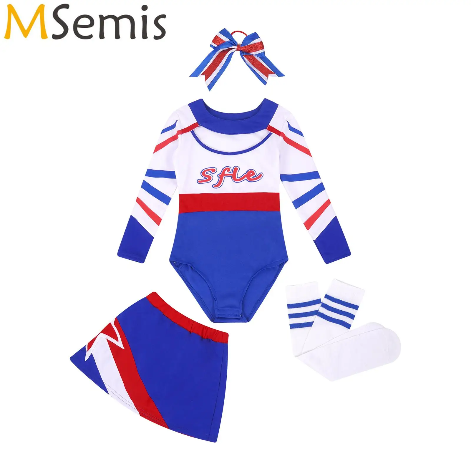 

Cheerleading Costumes Kids Girls Cheer Dance Uniform Outfit Front Hollow Bodysuit Skirt Bowknot Headgear And Stockings Suit