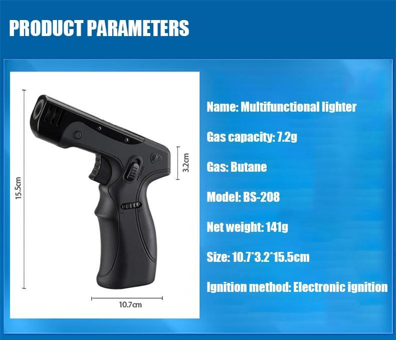 Description Picture 6 of item1300C Torch Kitchen Gun Turbo Windproof Cigar Bbq Camping Lighter With Adjustable Blue Flame Size Safety Lock Powerful Gadgets