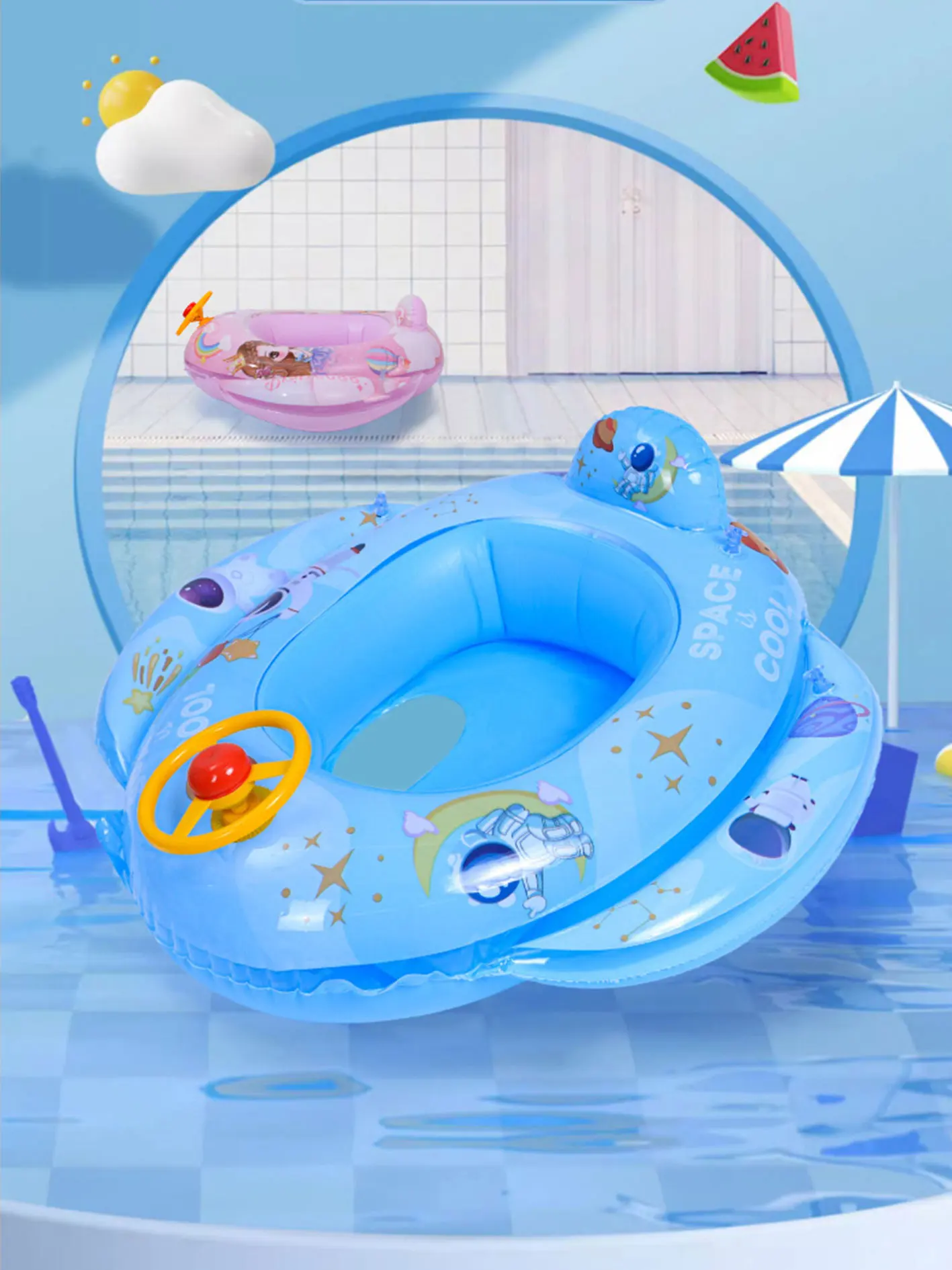 Summer Thickened Astronaut Baby Safety Swimming Rings Cute Buggy Car Inflatable Swim Float Boat Water Fun Pool Toys