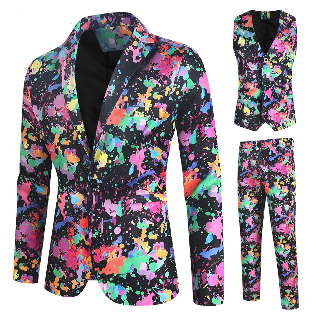 Trajes navideños para hombre, traje de 3 piezas de corte regular, estampado de copos de nieve, muñeco de nieve, chaqueta, pantalones, chalecos, conjunto de traje para hombre para Navidad