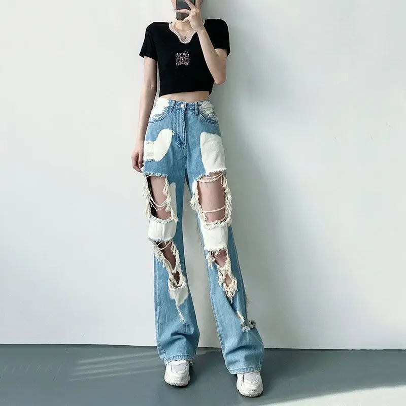 Ripped Jeans Women Vintage Streetwear Straight High Waisted Jeans High Street Hot Girl Woman Jeans Wide Leg Mopping Pants 2022