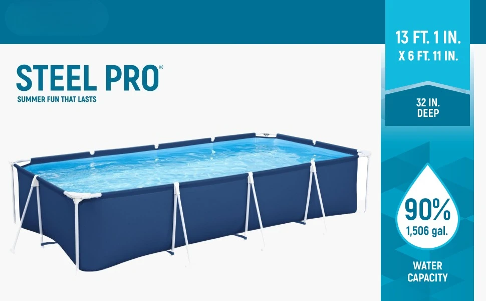 Bestway Steel Pro above-ground pool, measures 13'1" x 6'11", 32" deep, holding 1,506 gallons.