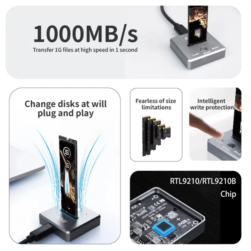 듀얼 프로토콜 m.2 SSD 케이스 SSD 도킹 스테이션 타입 C 10Gbps PCIe NVME 또는 SATA SSD 어댑터 베이스 M2 2230 2242 2280 22110용