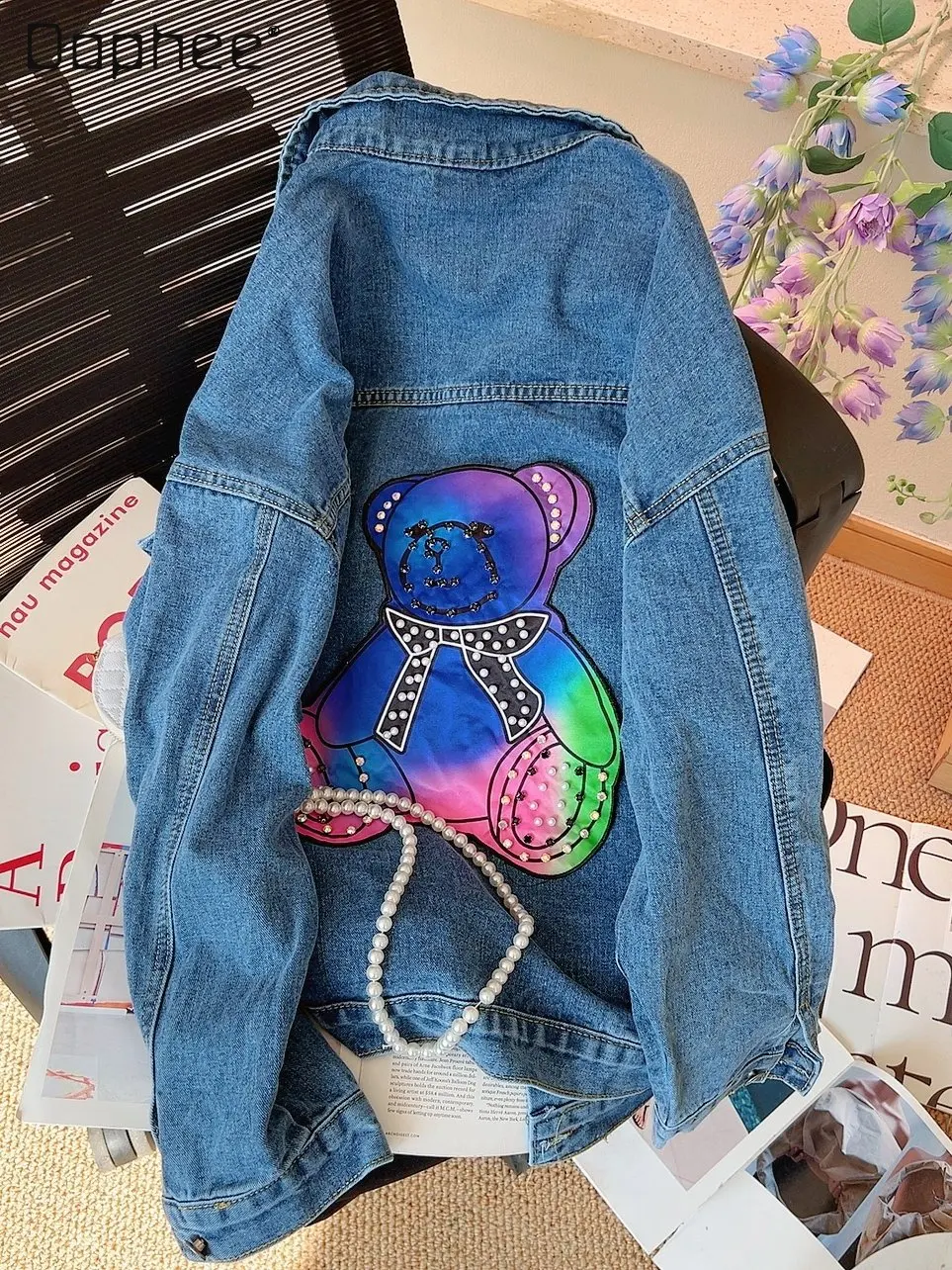 

Lapel Long Sleeve Denim Jacket for Women 2023 Spring Autumn New Korean Style Heavy Industry Beads Rhinestone Retro Coat Female