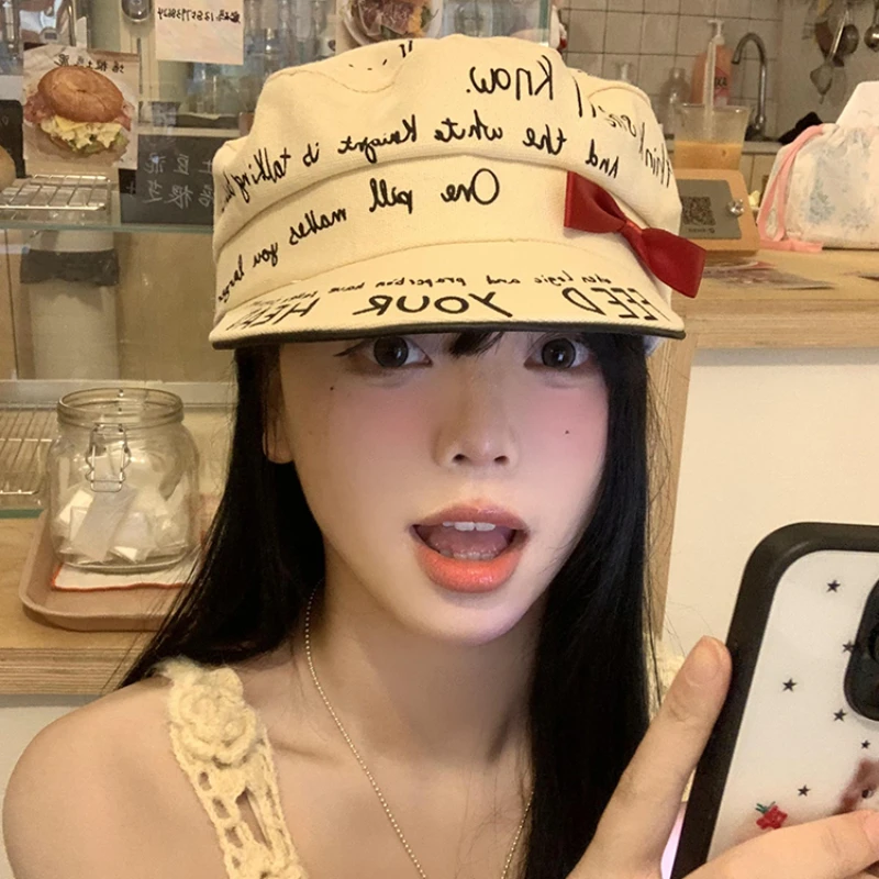 여성용 달콤한 활 글자 그래피티 플랫 탑 베레모, 여름 여행 자외선 차단, 한국 문학, 다목적 캐주얼 팔각형 모자