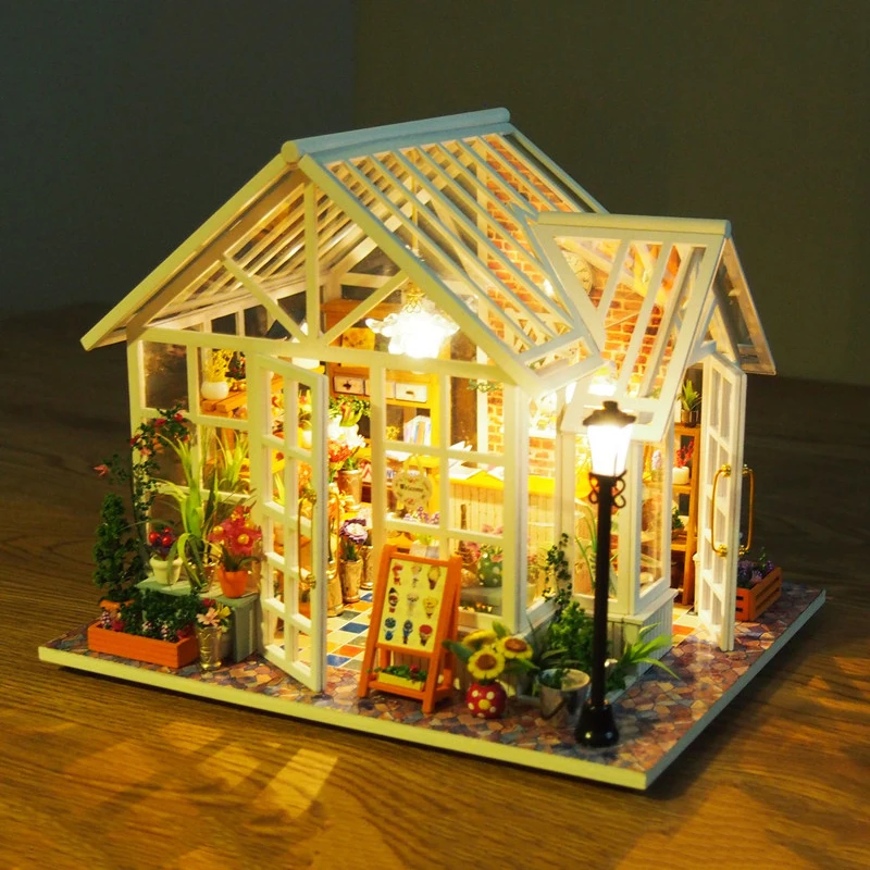 DIY Wooden Flower Garden Cottage Doll Houses Miniature Model Kit Casa Dollhouse with Furniture Lights for Friends Birthday Gifts 2