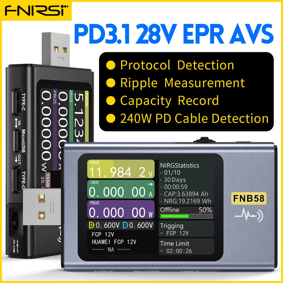Fnirsi Riconoscimento di ricarica USB – Voltmetro digitale FNB58 amperometro tester USB TYPE-C rilevamento ricarica rapida rilevazione della capacità di misurazione dell'onda (FNB58 dove Bluetooth Fnirsi Riconoscimento di ricarica USB – Voltmetro digitale FNB58 amperometro tester USB TYPE-C rilevamento ricarica rapida rilevazione della capacità di misurazione dell'onda (FNB58 dove Bluetooth