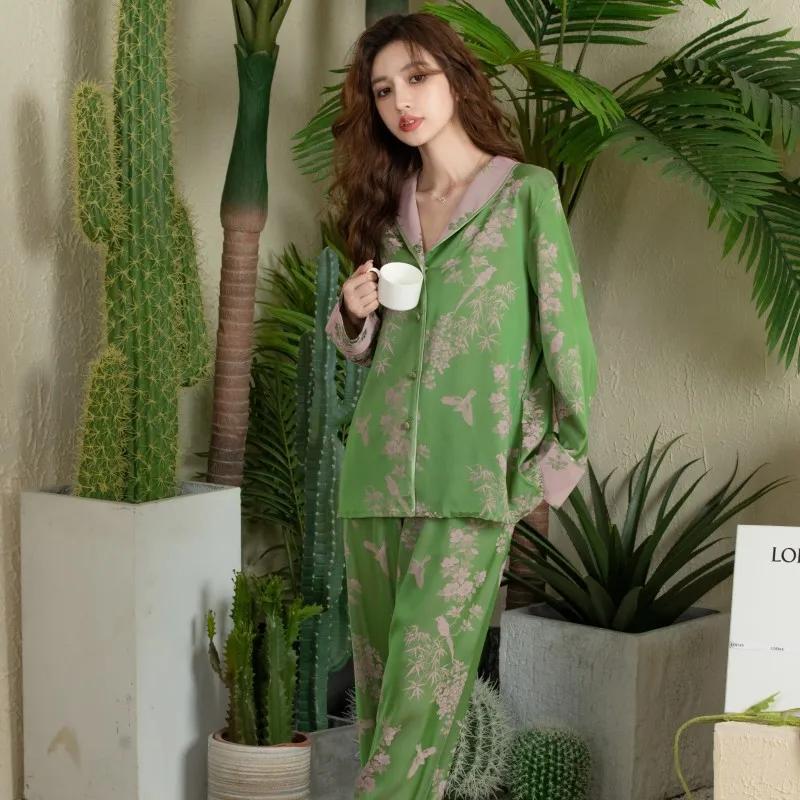 Spring Autumn Women's Silk Thin Imitation Pajamas Lapel Long Sleeve Pants Fashion Elegant Oversized Jacquard Home Clothing Set