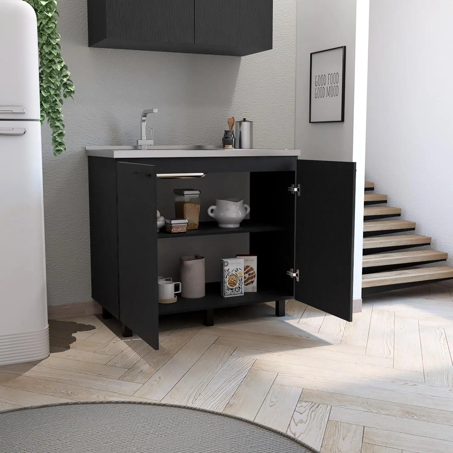Napoles 2 Utility Sink with Cabinet, Stainless Steel Countertop, Interior Shelf Black 3