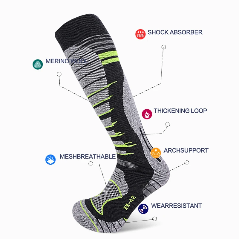 Ski Socks 2 Pairs Men Women Winter Outdoor Sports Thickened Insulation Merino Wool Breathable Wear-resistant Snow Stocking ski socks