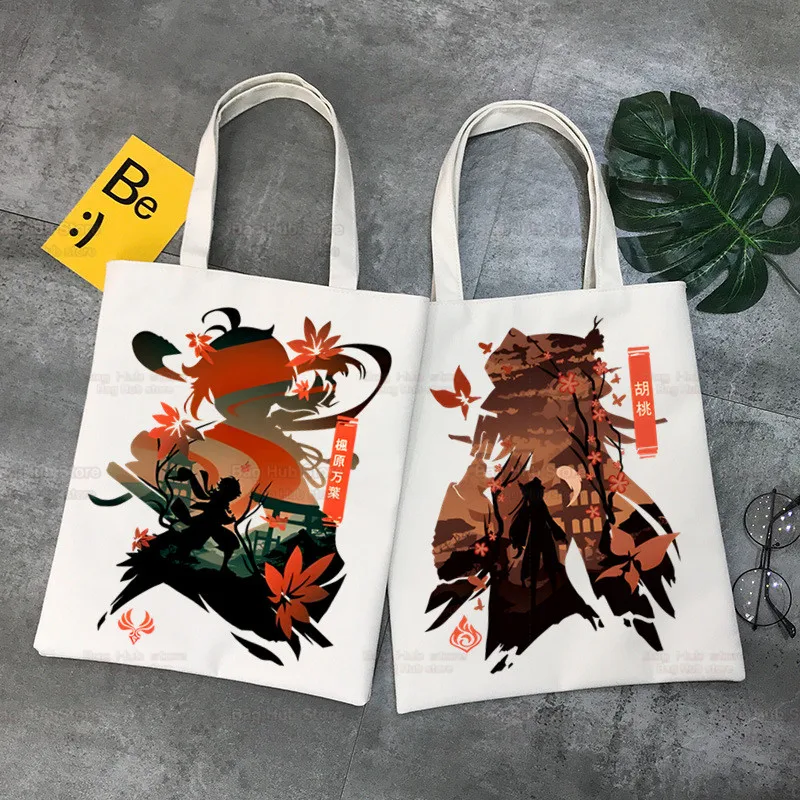 

Genshin Impact Game Ulzzang Shopper Bag Print Canvas Anime Xiao Tote Bag Hu Tao Handbags Bag Harajuku Zhong Li Shoulder Bags