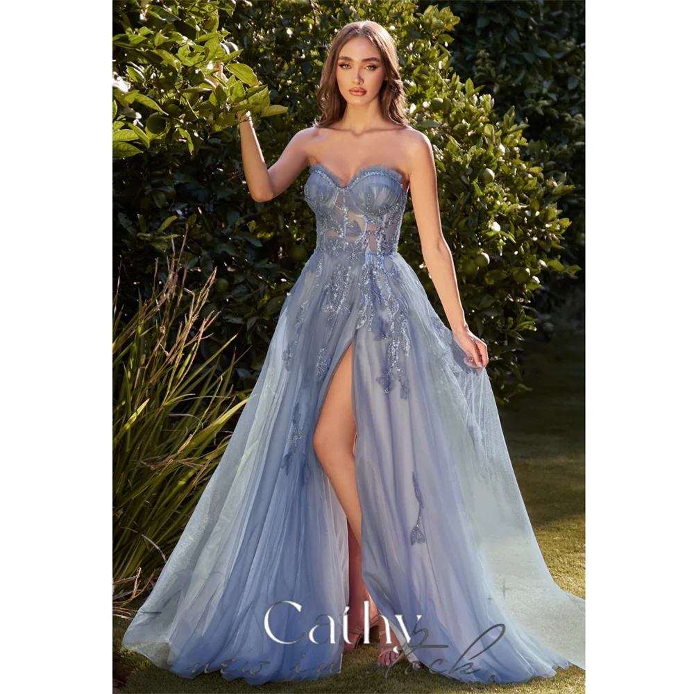 

Cathy Mist Blue Off Shoulder A-line Prom Dress Lace Embroidery Strapless Vestidos De Novia Elegant Sleeveless robes de soirée