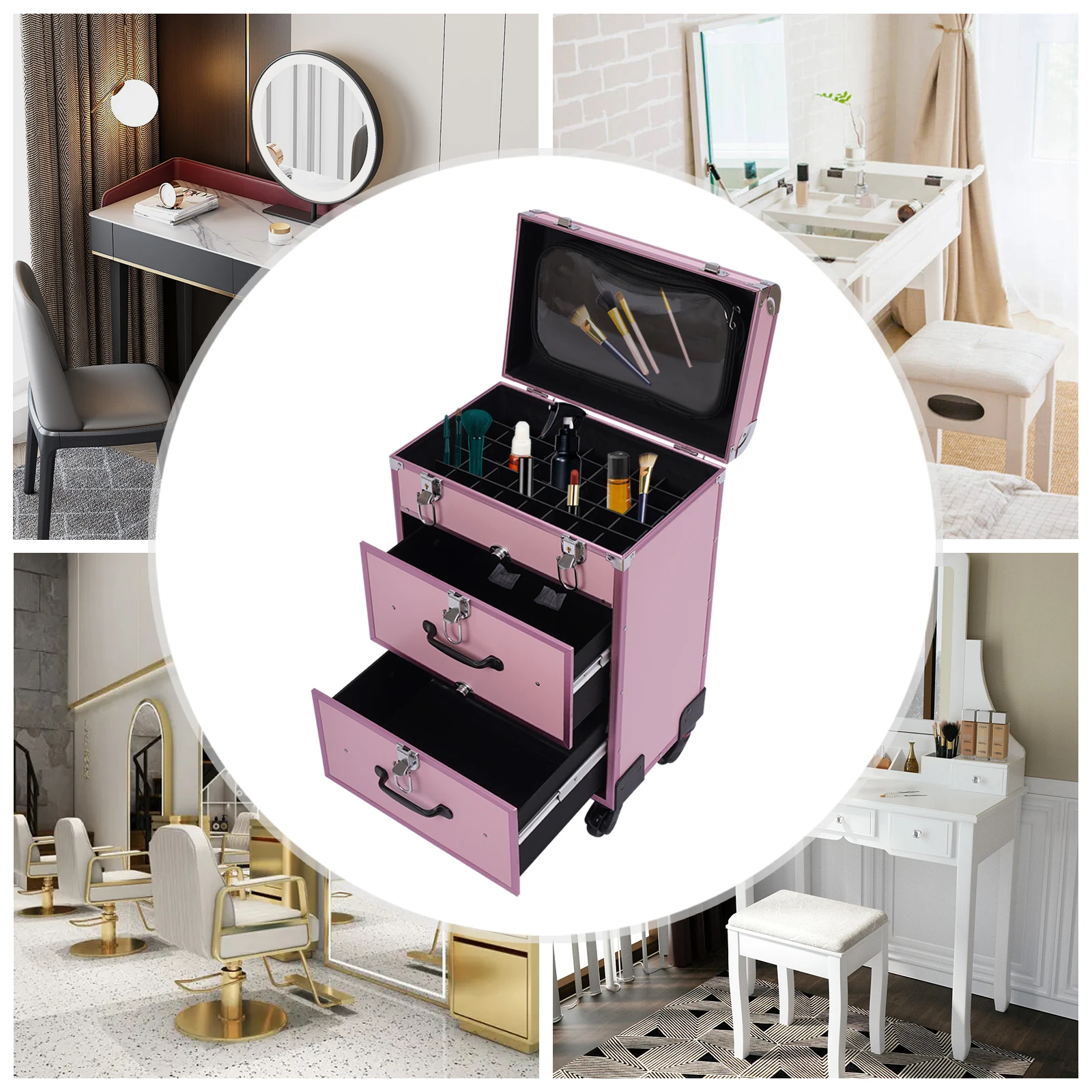 

Rolling Makeup Case Large Cosmetic Trolley with Locks Make up Bag with dividers Cosmetics Storage Organizer for On The Go Makeup