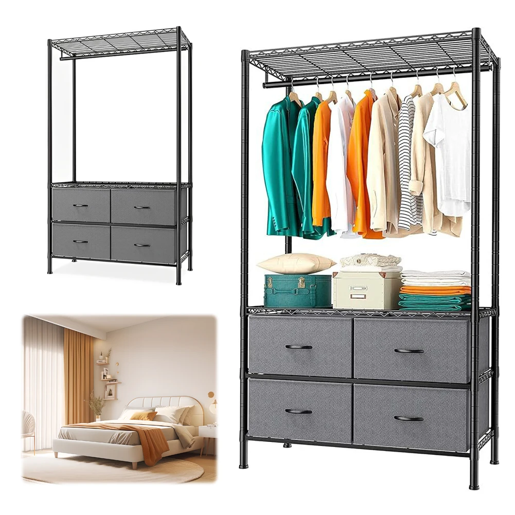 Metal Clothing Rack with Adjustable Shelves and Drawers