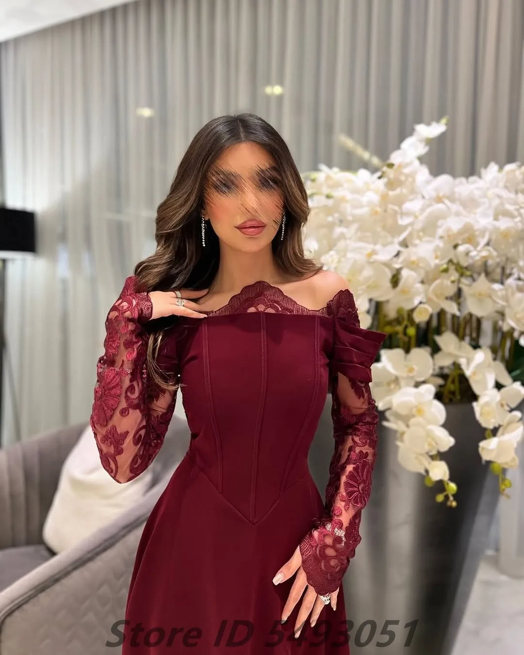 Burgundy Evening Dress For Wedding Party Lace Long Sleeve Off Shoulder Prom Dress Saudi Arabic Party Gown Customized women prom dresses
