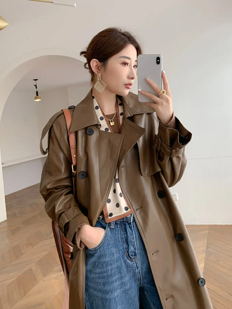 Autumn Faux Leather Long Trench Coat Women Black Double Breasted Korean Fashion Moto Jacket Streetwear Lady Outerwear Chic Coats