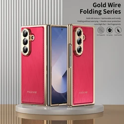 Golden Border Leather Phone Case with Steel Film - Premium Shockproof Protective Cover for Galaxy Z Fold3 (Red)