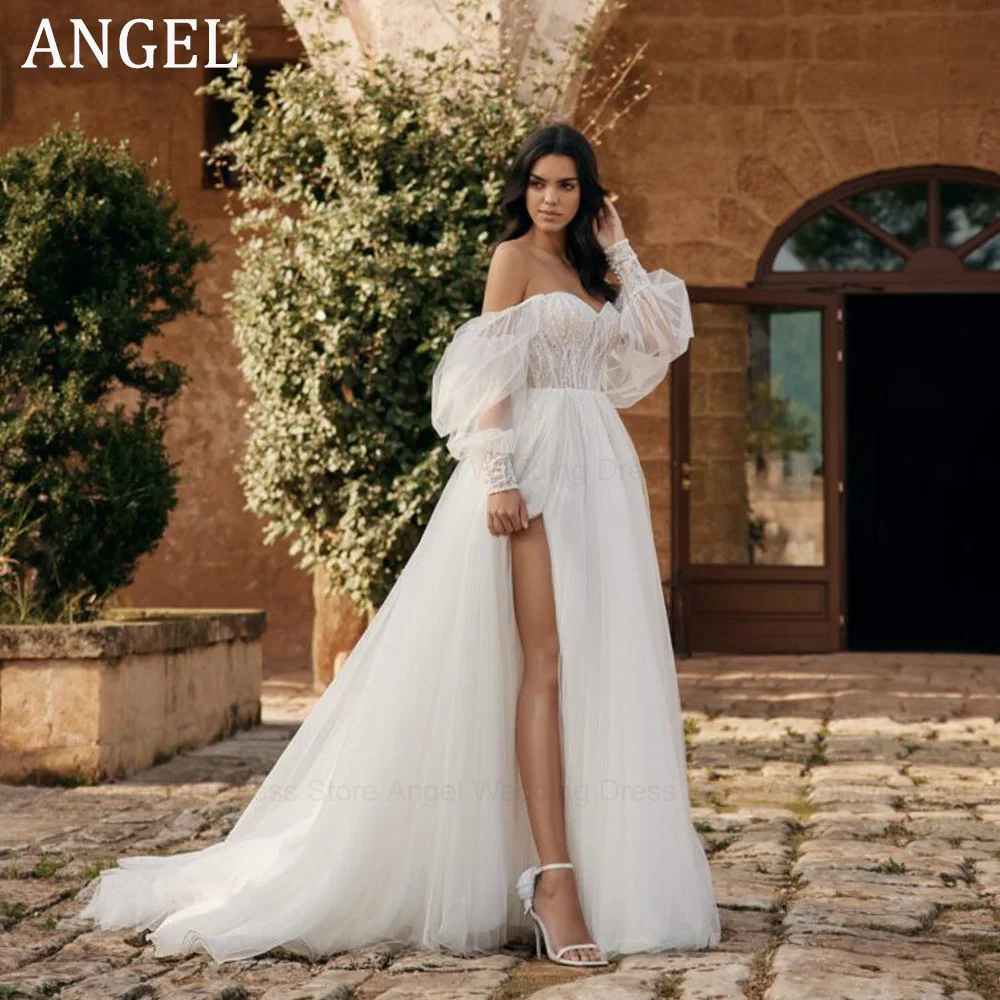 

ANGEL Puff Sleeve High Split Wedding Dresses Sweetheart Tulle Robe De Mariée A-line Backless Bridal Party For Women 2024