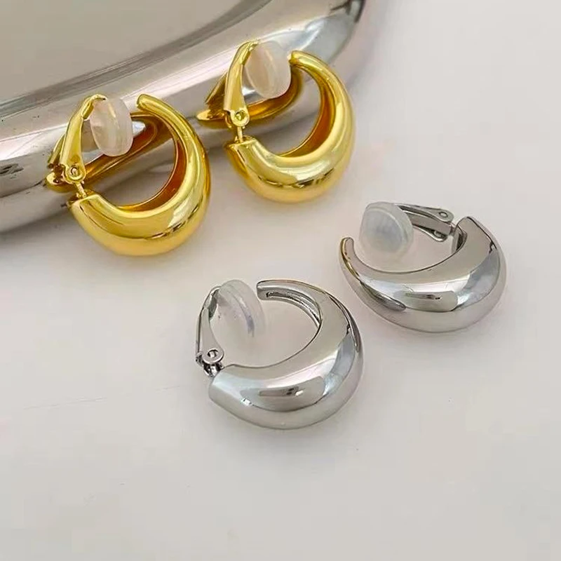 Gold Color Round Clip Earrings for Women Non Pierced Hoops
