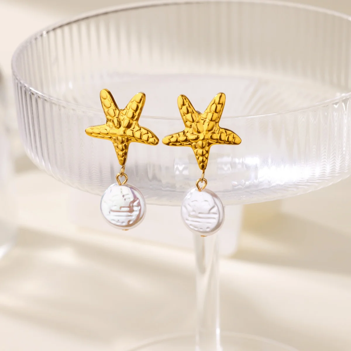 Starfish Conch Pearl Earrings Stainless Steel Gold Color Stud Earrings