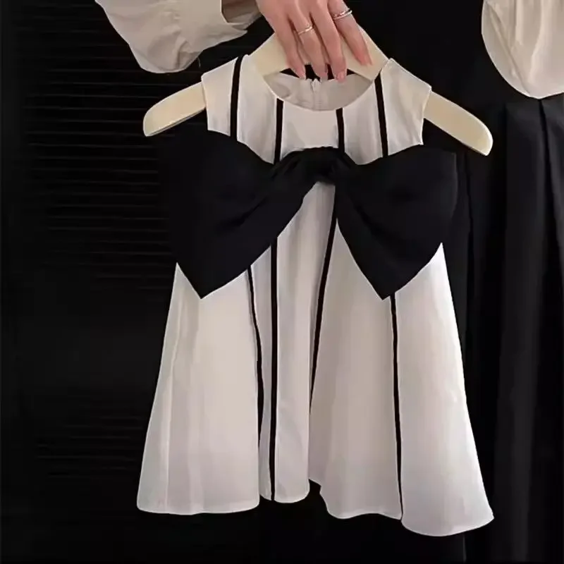 

2024 Baby Girls Summer Dress Black Big Bow Elegant Birthday Sleeveless Dresses Kids Children Vestidos Clothes