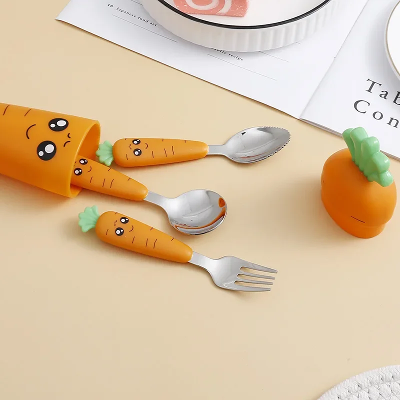 New Carrots Set Children Kids Dinnerware Stainless Steel Spoon Fork Flatware with Box Baby Feeding Kitchen Tableware Supplies