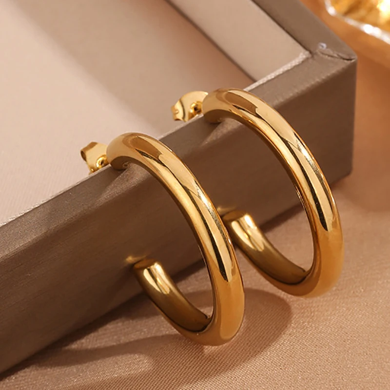 Exaggerated Hollow Thick Big Circle Hoop Earrings For Women Stainless Steel C-Ring Chunky Piercing Earrings Fashion Jewelry Gift 4