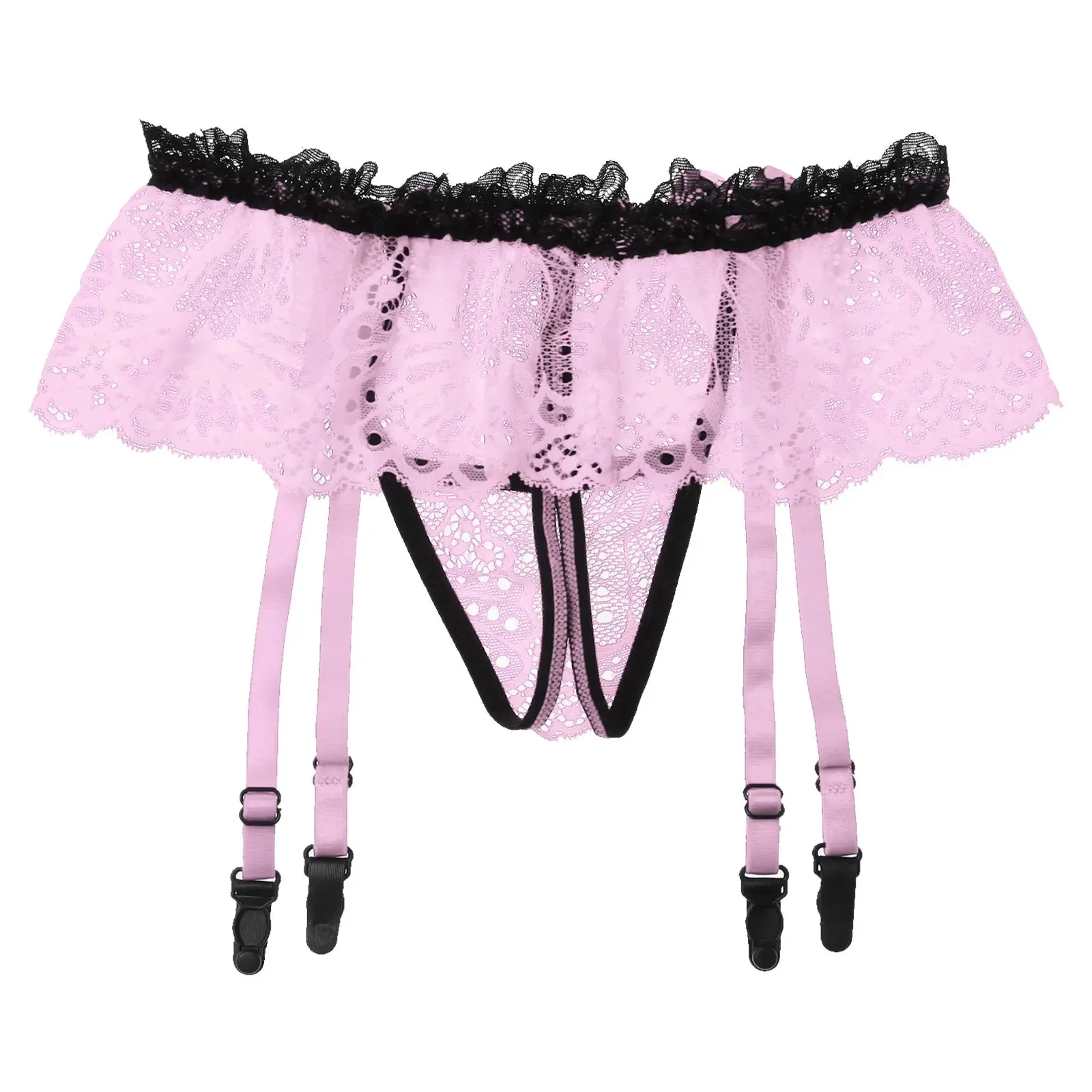 Mens Lingerie G-String Sissy Underwear Hollow Out Lace Skirted Thongs Bowknot Crotchless T-Back Garters Adjustable Garter Belt male underwear