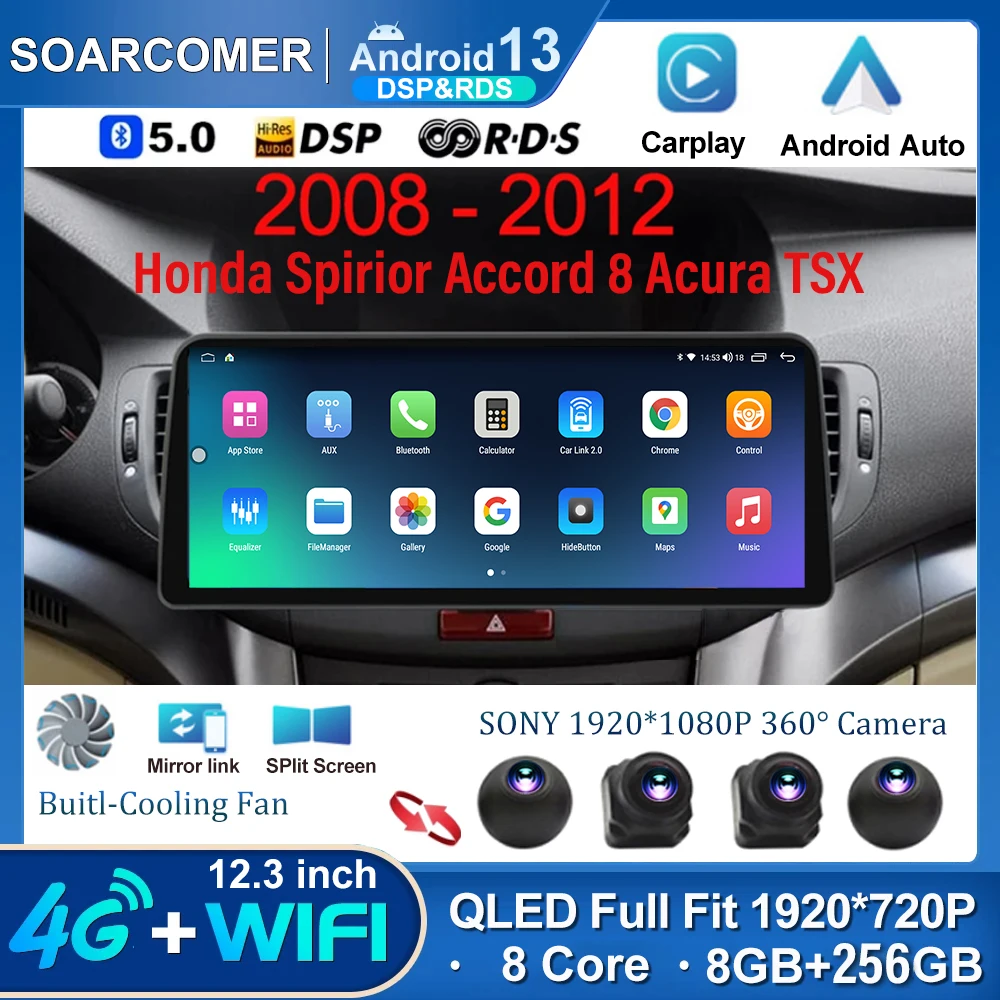 

12.3 Inch For Honda Spirior Accord 8 Acura TSX 2008-2012 Car Radio Multimedia Video Player Navigation Carplay auto 4G WIFI