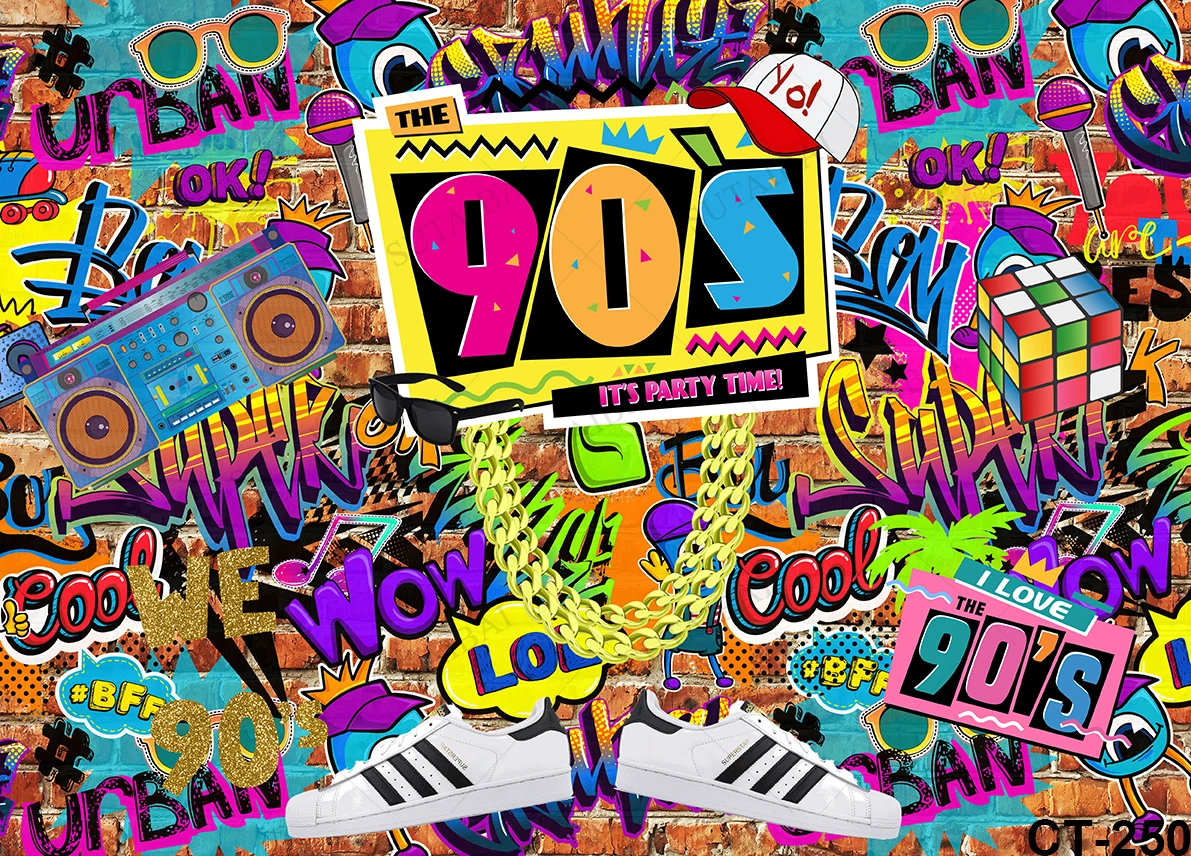 90s Party Background of Photography Hip Hop Personalize Banner Vinyl Cloth Booth Prop Adult Portrait Head Photo Pos