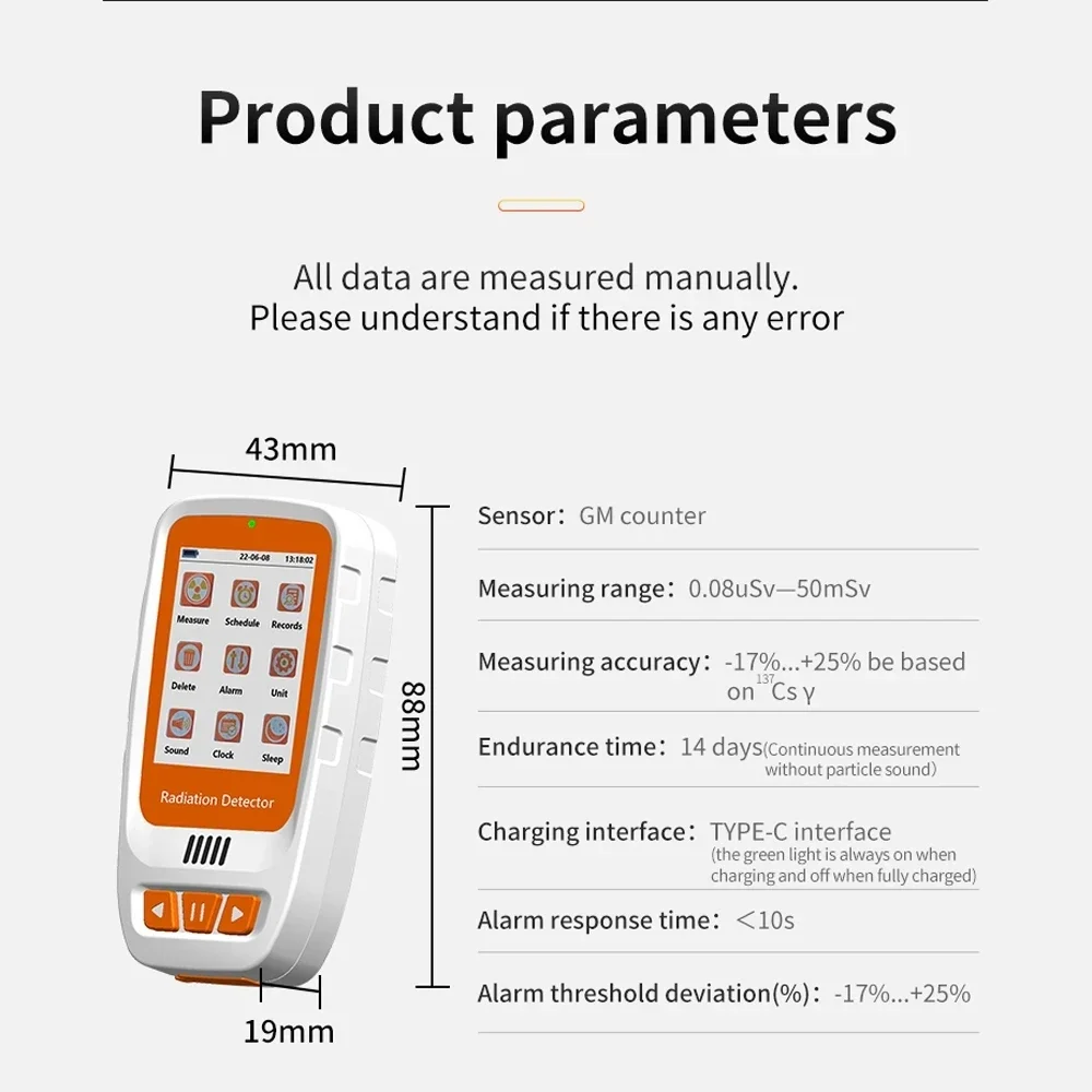HFS-20 Handheld Geiger Counter Nuclear Radiation Detector Color Screen High Precision X &beta; &gamma;-ray Tester Dosimeter Alarm Settings