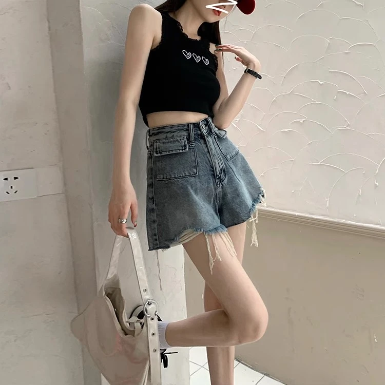 Large Size Retro Raw Edge High Waist a word denim shorts female fat mm summer spicy girl high street loose wide leg hot pants