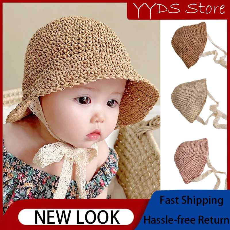 

Summer Beach Girl Straw Fisherman Hat Baby Toddler Lace Bow Panama Hat Baby Shade Sunscreen Pot Hat