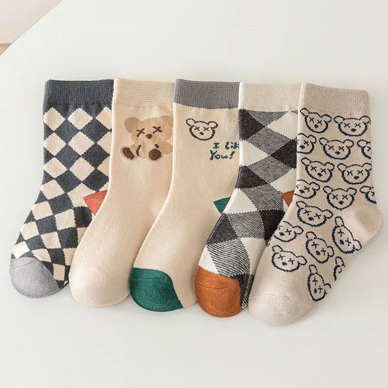 Baby Socks 5Pairs Cute Bear Plaid Spring Autumn Soft Cotton Middle Tube Socks for Boys Girls Casual Sports cotton socks baby socks