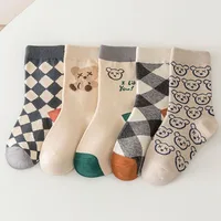 5Pairs/Lot Cute Bear Plaid Baby Socks Spring Autumn Soft Cotton Kids Middle Tube Socks For Boys Girls Casual Sports Sock 1