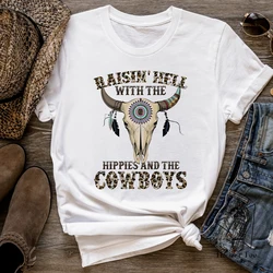 Cartoon Letter Summer New Funny Cow Skull Shirt Printed T-shirt Summer Short Sleeve Casual Women's Fashion T-shirt Women's T-shi