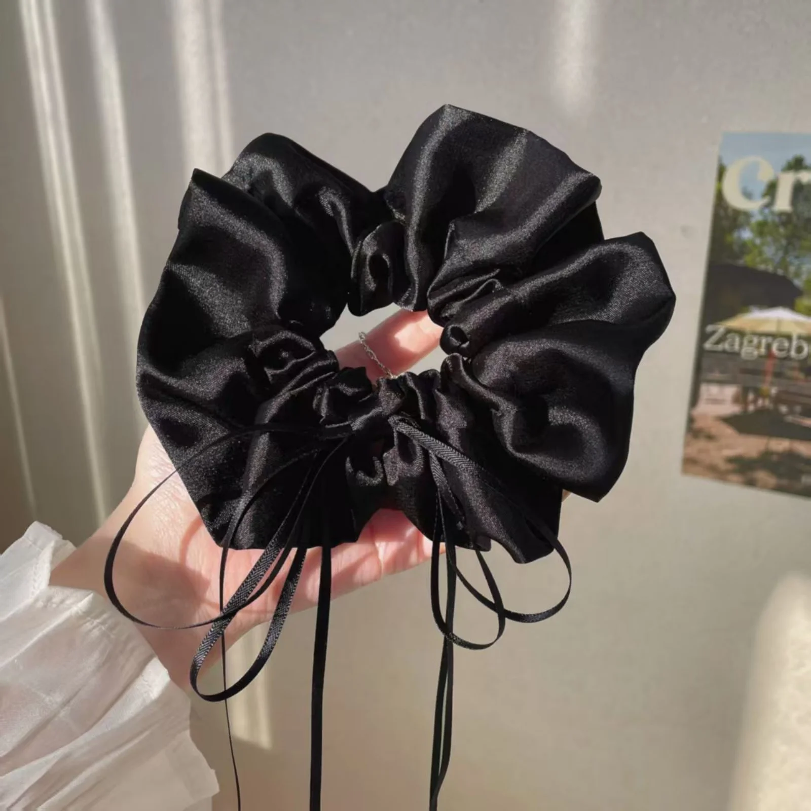 1PC White Satin Bow Scrunchie, Large Elegant Hair Tie With Long Ribbon, Romantic Bridal-Style Hair Accessory For Women