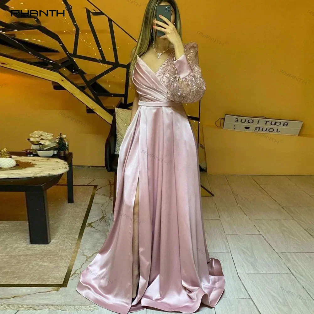 

Ryanth Full Sleeve Celebrity Dress Arabic Evening Dress Wedding Party V-Neck Sequin Prom Gown vestidos para eventos especiales