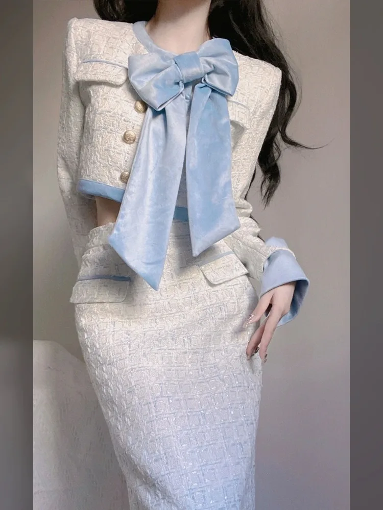 Conjunto de dos piezas elegante de moda coreana para otoño e invierno, chaqueta corta, abrigo, falda midi de cintura alta, conjuntos de lujo.