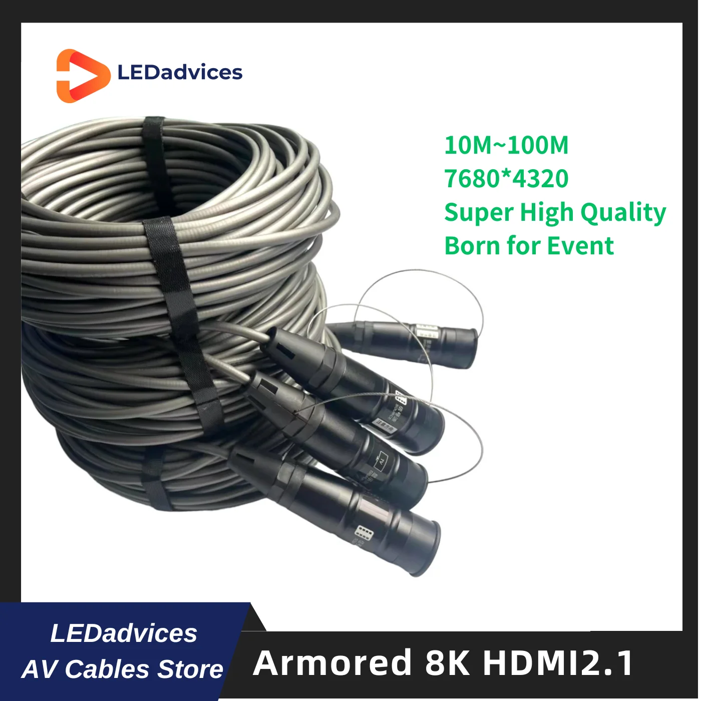 

LEDadvices 50m Armored 8K HDMI2.1 Cable 8K/60Hz 4K/120Hz Dolby HDR 48Gbps LED Screen Display Camera HDTV Cables Long Distance